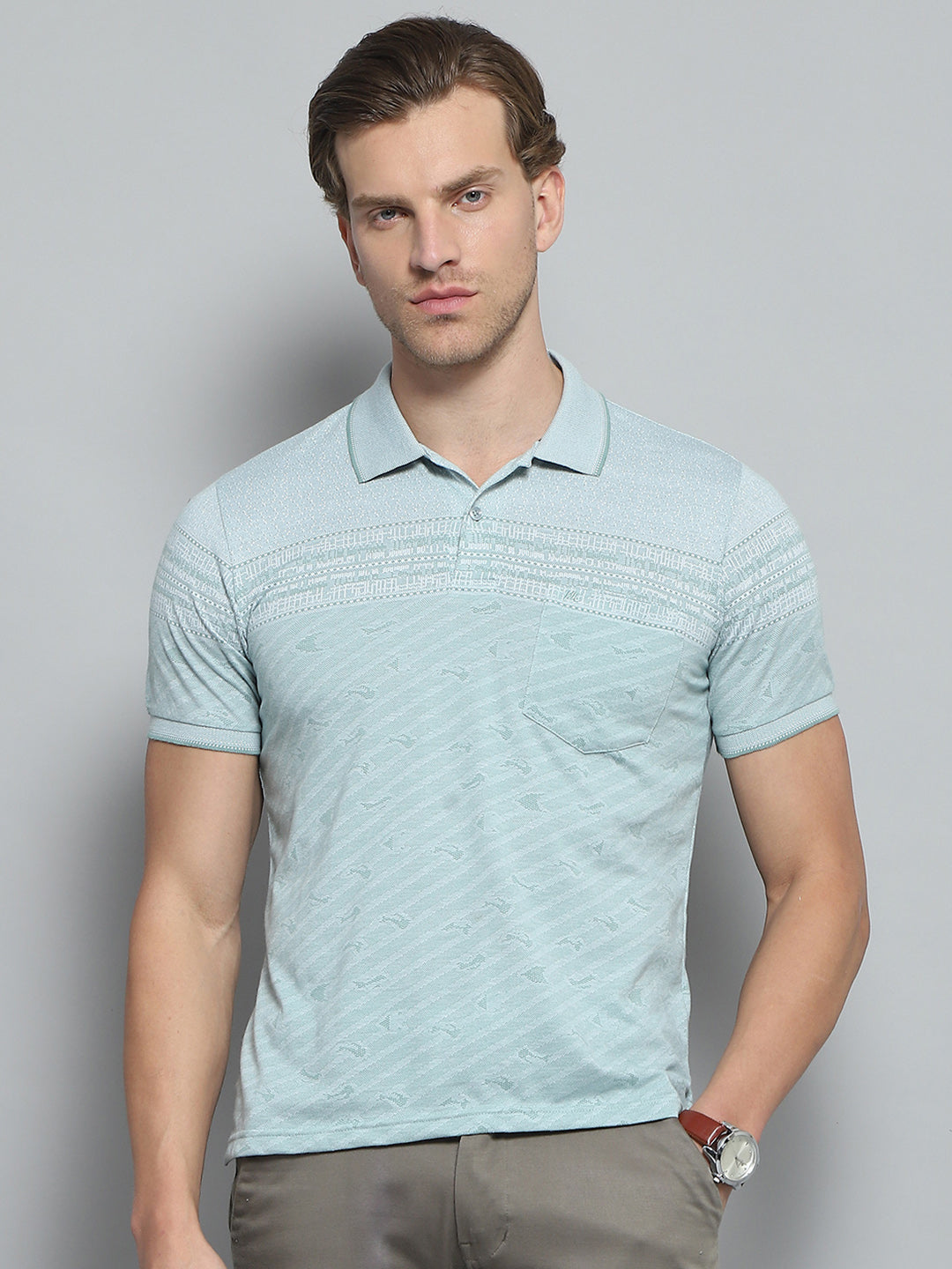 Men Green Stripe Collar Half Sleeve T-Shirt