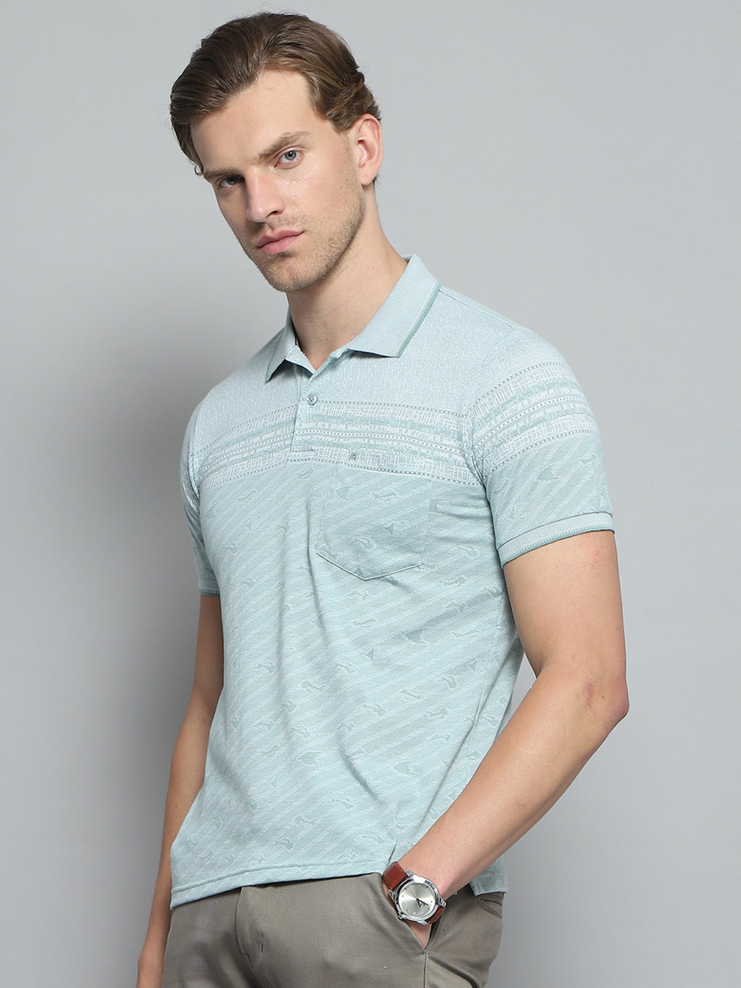 Men Green Stripe Collar Half Sleeve T-Shirt