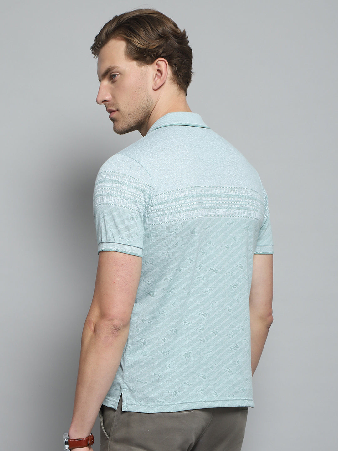 Men Green Stripe Collar Half Sleeve T-Shirt