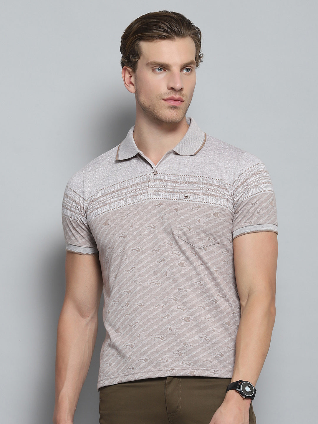 Men Brown Stripe Collar Half Sleeve T-Shirt