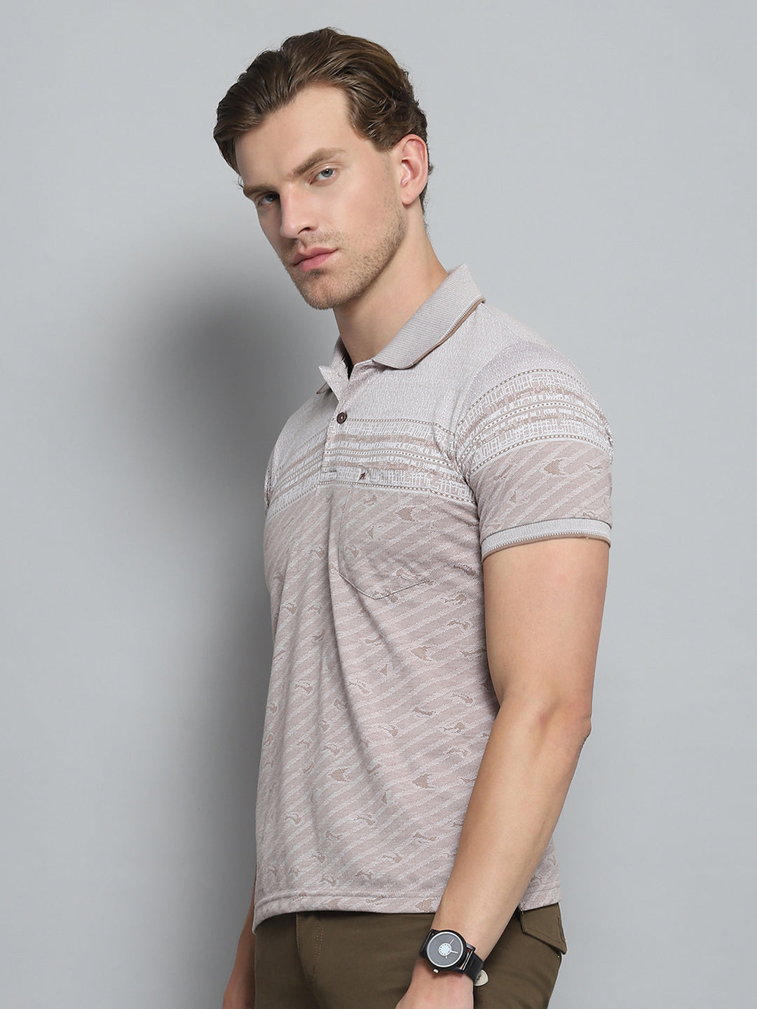 Men Brown Stripe Collar Half Sleeve T-Shirt