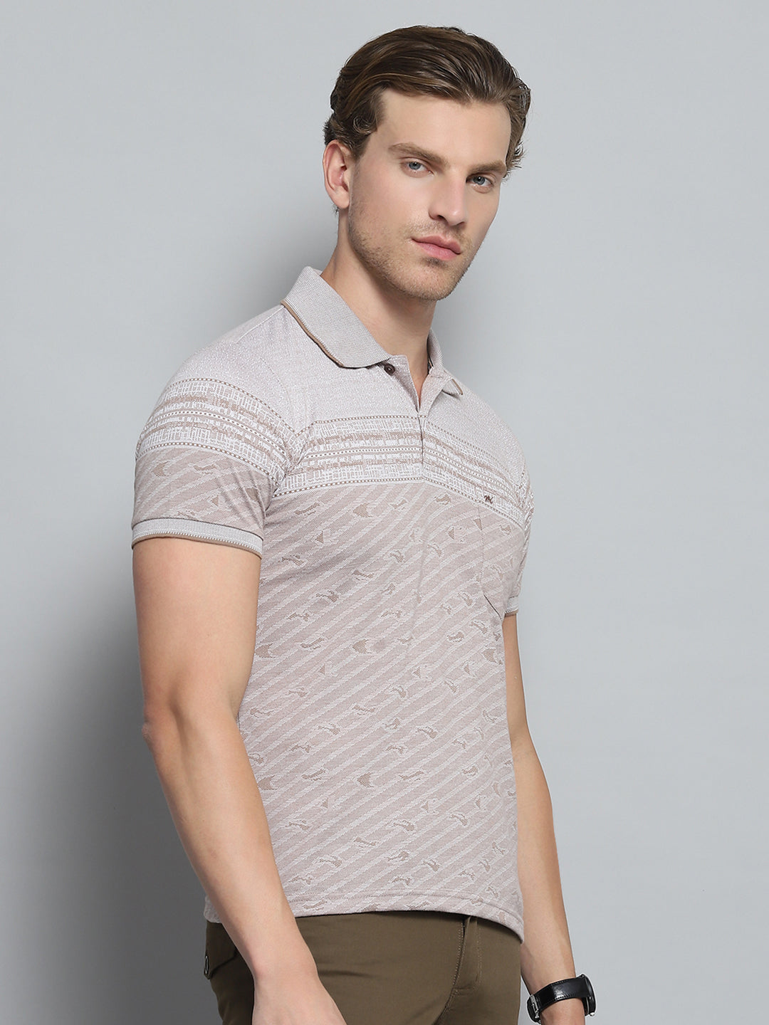 Men Brown Stripe Collar Half Sleeve T-Shirt