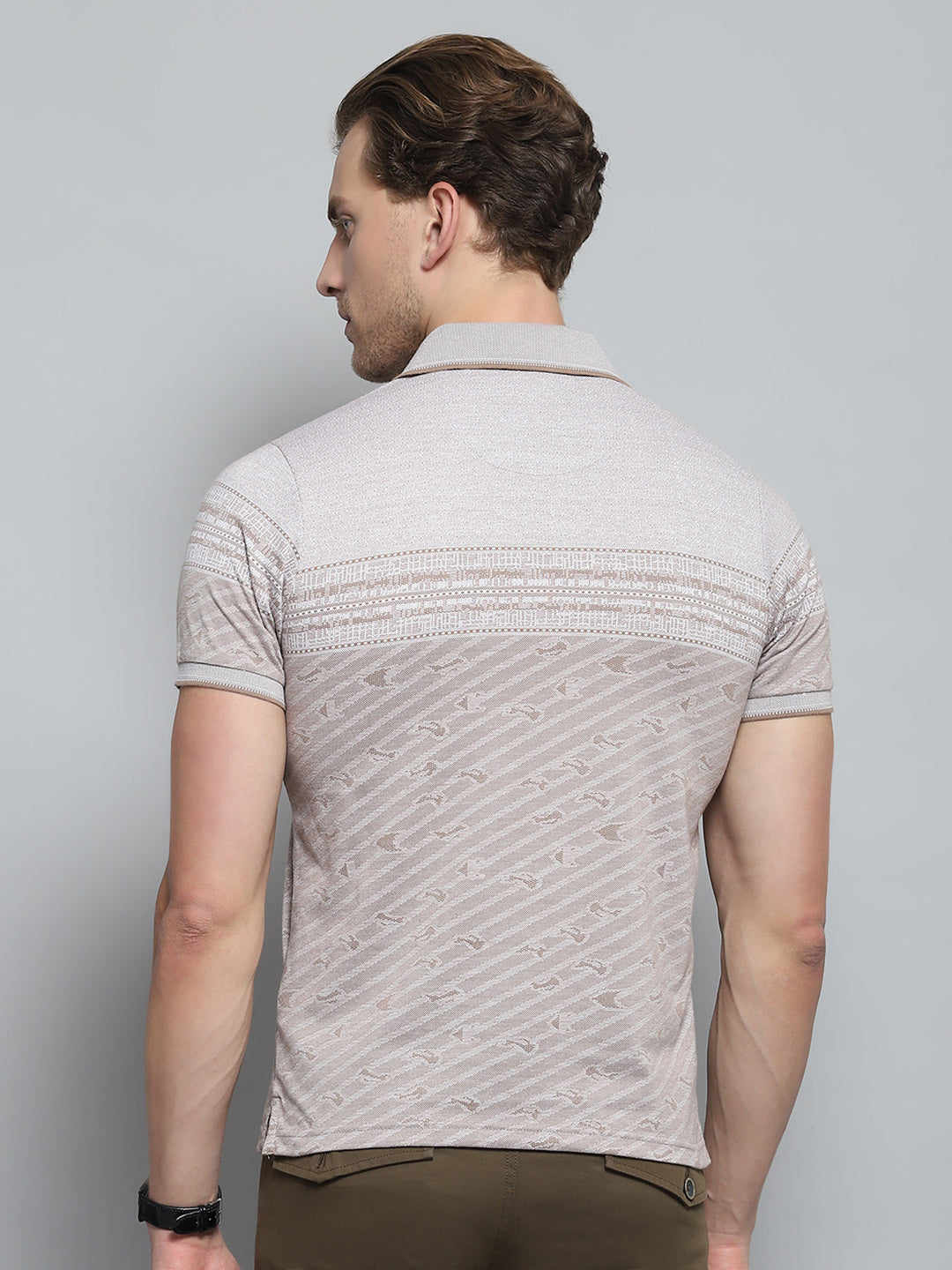 Men Brown Stripe Collar Half Sleeve T-Shirt