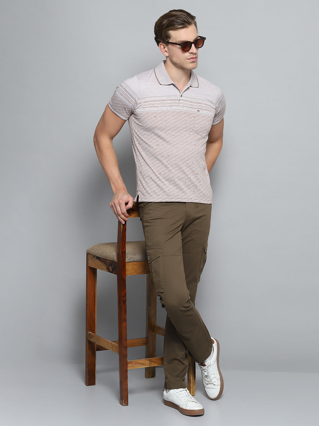 Men Brown Stripe Collar Half Sleeve T-Shirt