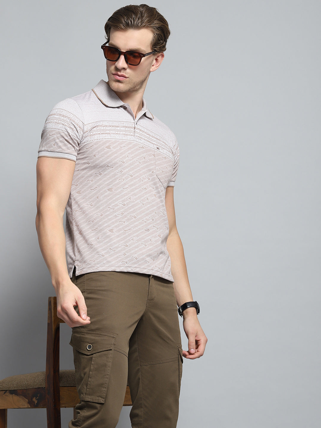 Men Brown Stripe Collar Half Sleeve T-Shirt