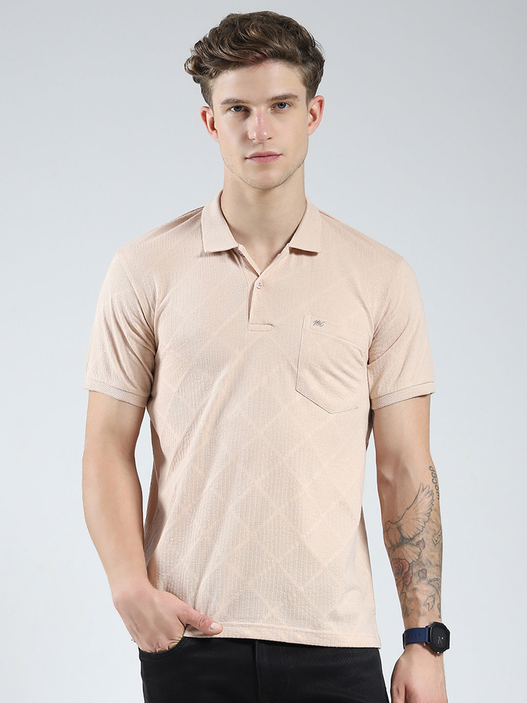 Men Beige Stripe Collar Half Sleeve T-Shirt