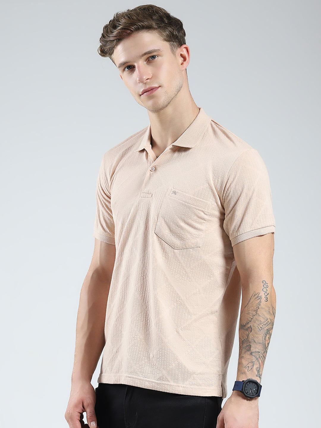 Men Beige Stripe Collar Half Sleeve T-Shirt