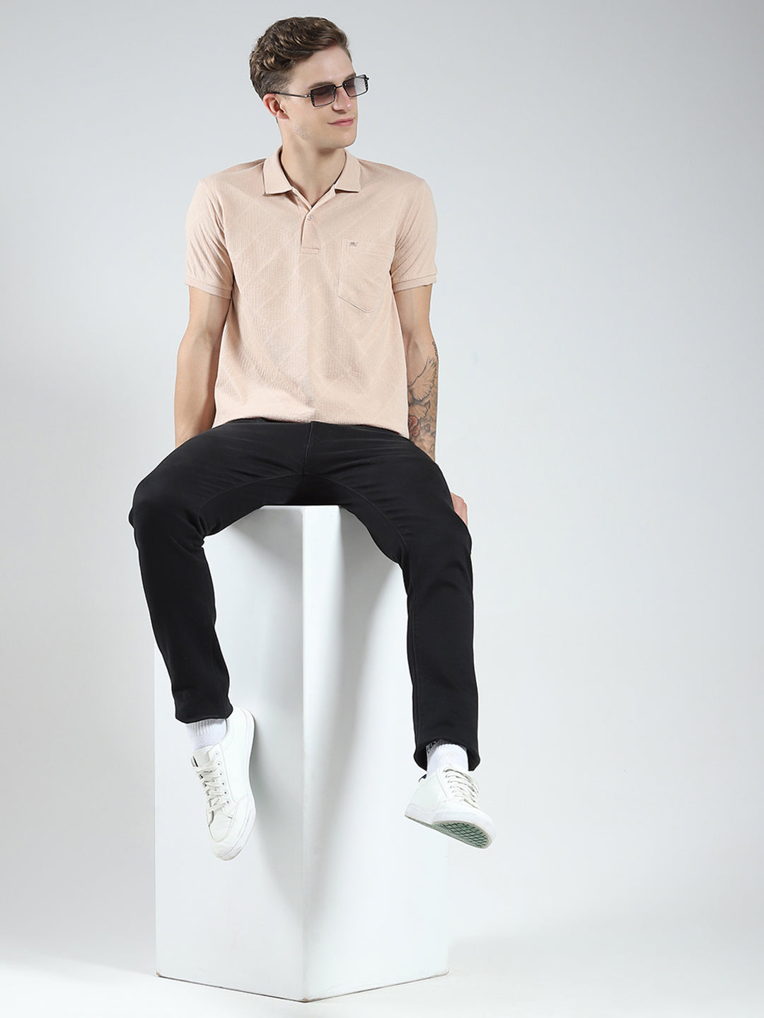 Men Beige Stripe Collar Half Sleeve T-Shirt