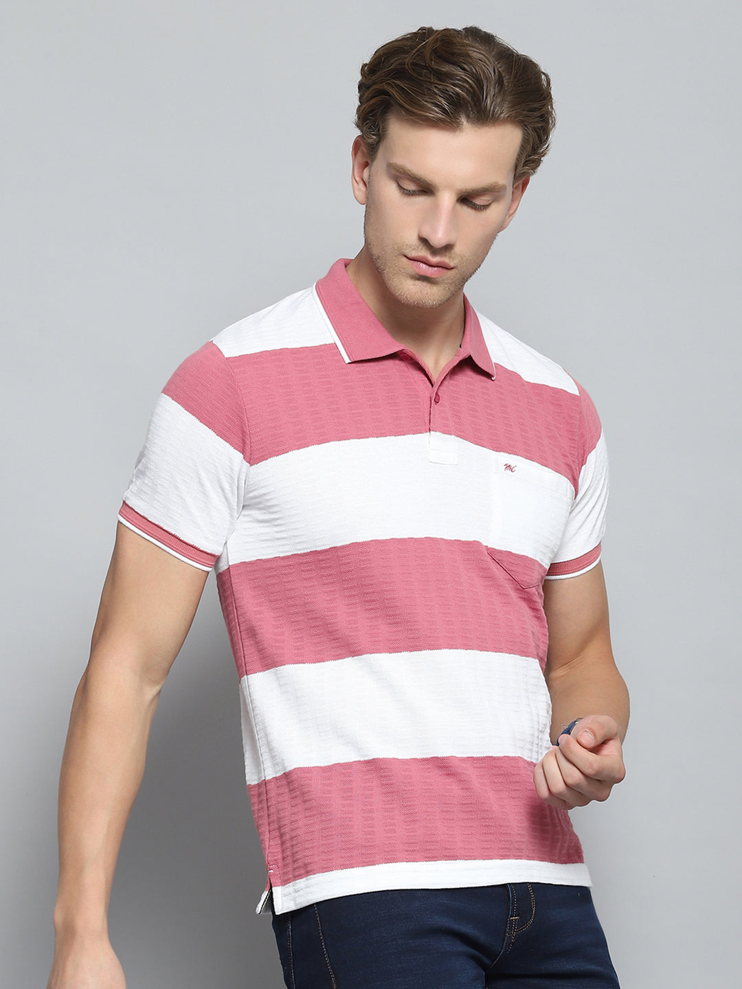 Men Pink Stripe Collar Half Sleeve T-Shirt