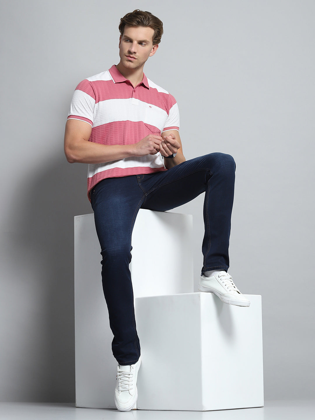 Men Pink Stripe Collar Half Sleeve T-Shirt