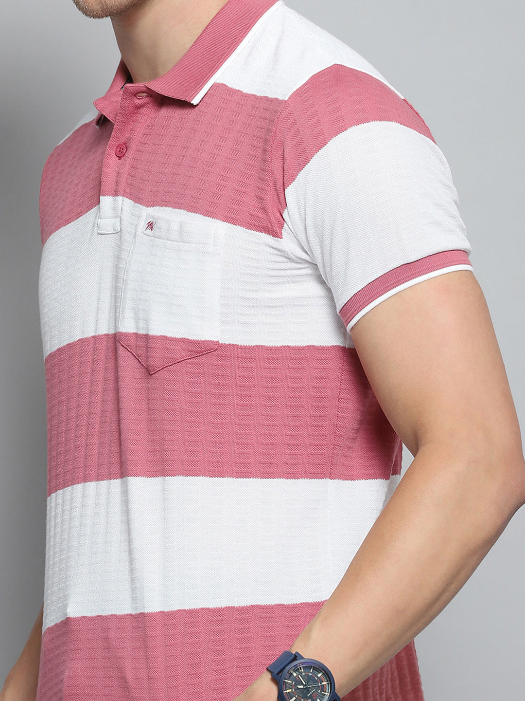 Men Pink Stripe Collar Half Sleeve T-Shirt