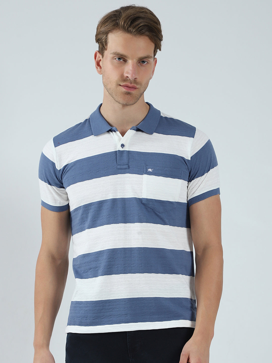 Men Blue Stripe Collar Half Sleeve T-Shirt