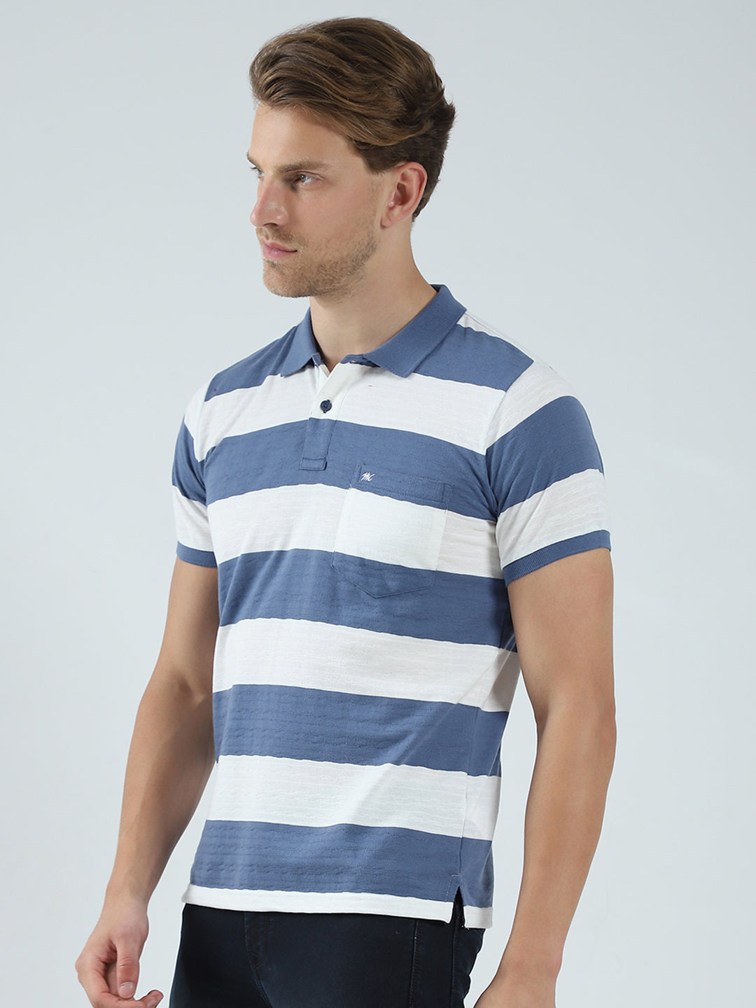 Men Blue Stripe Collar Half Sleeve T-Shirt