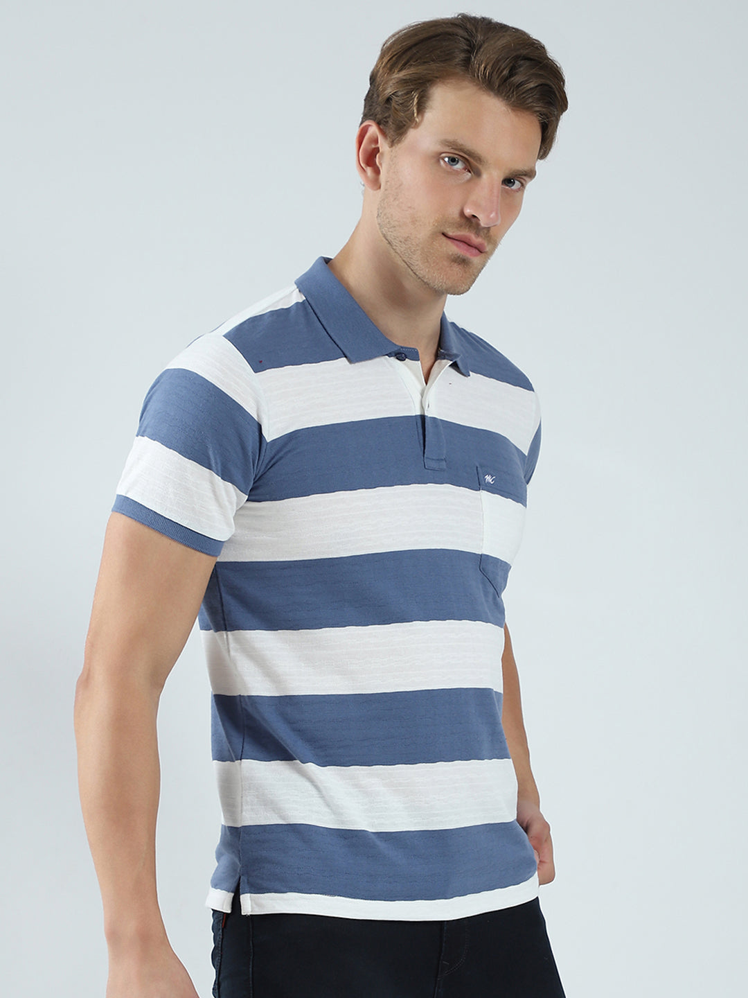 Men Blue Stripe Collar Half Sleeve T-Shirt