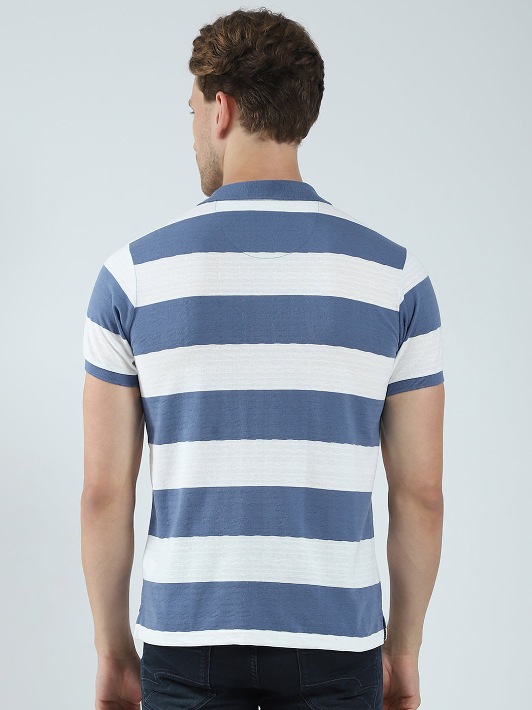 Men Blue Stripe Collar Half Sleeve T-Shirt