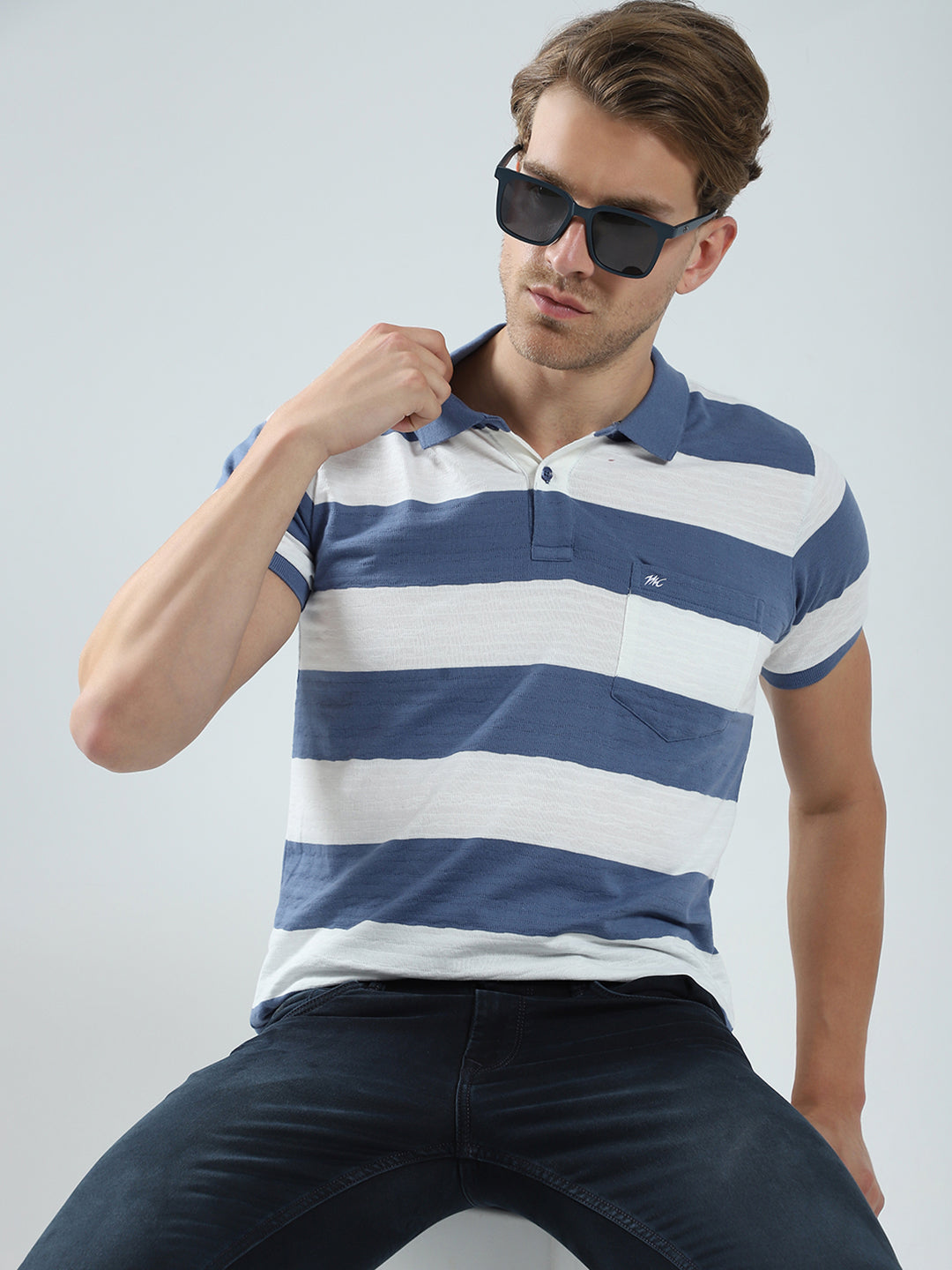 Men Blue Stripe Collar Half Sleeve T-Shirt