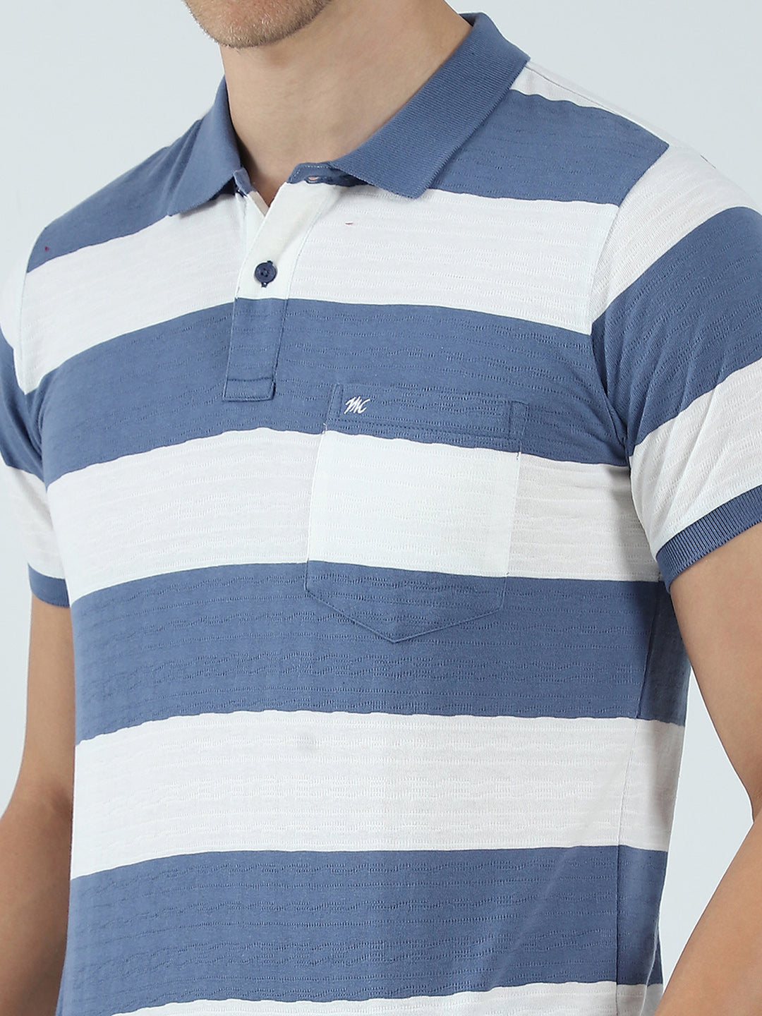 Men Blue Stripe Collar Half Sleeve T-Shirt