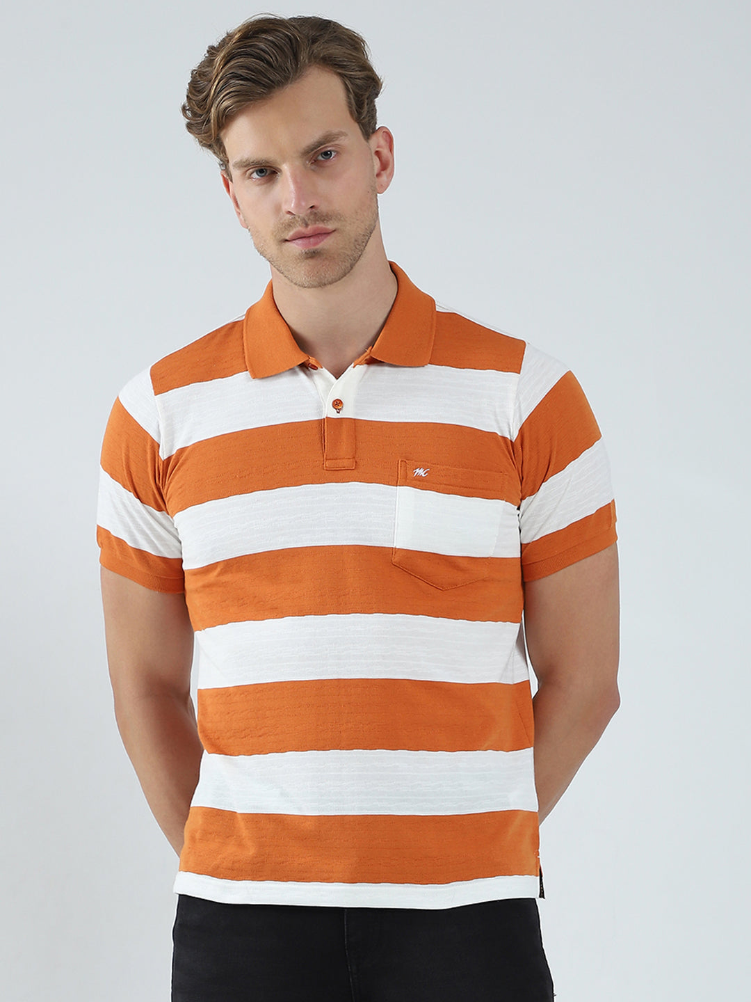 Men Rust Stripe Collar Half Sleeve T-Shirt