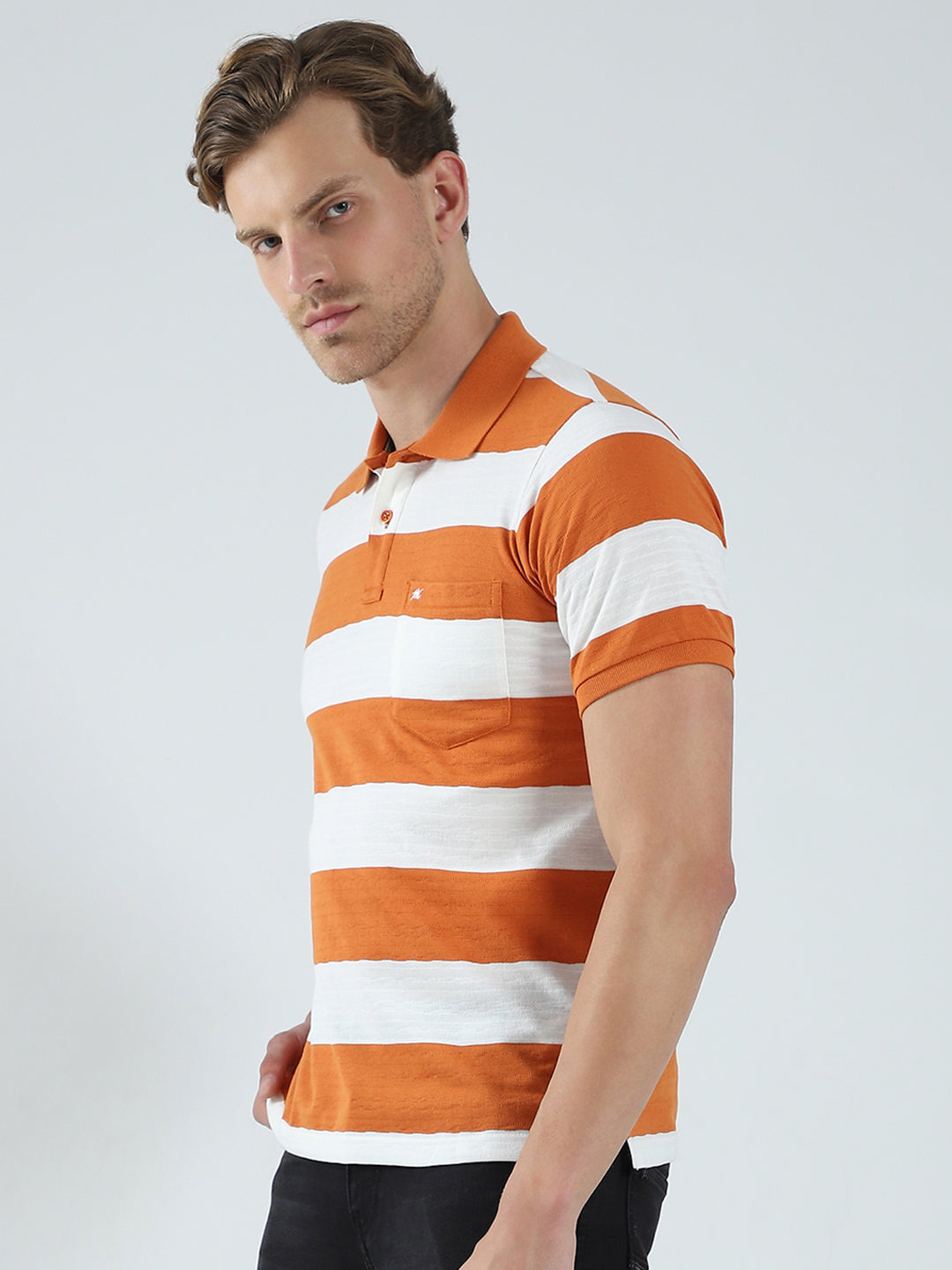 Men Rust Stripe Collar Half Sleeve T-Shirt