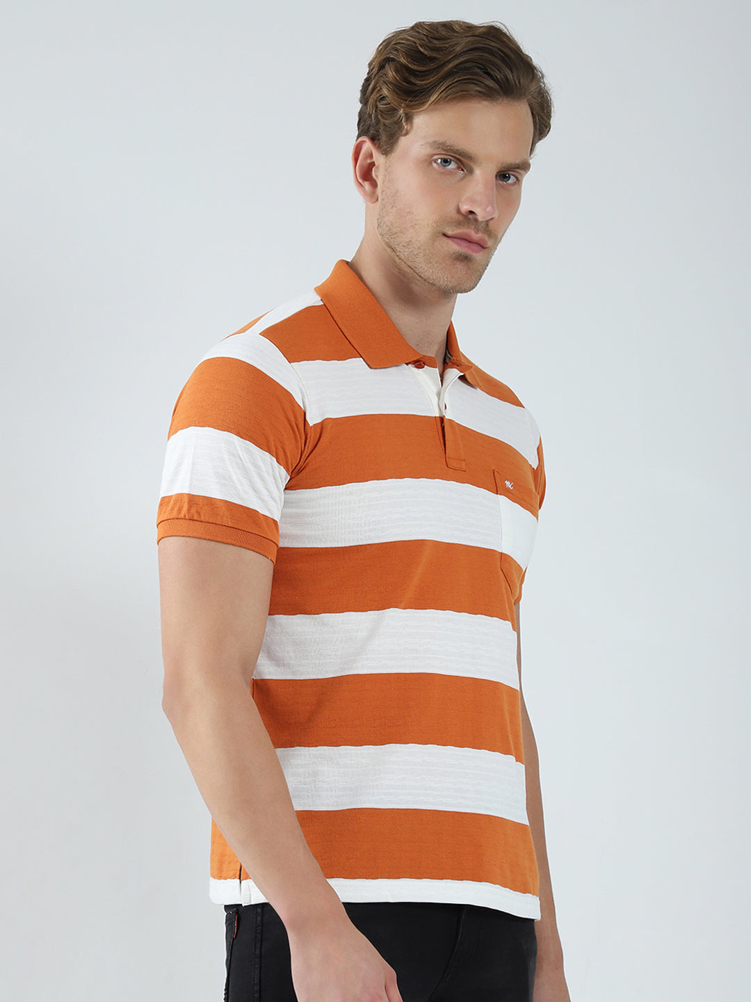 Men Rust Stripe Collar Half Sleeve T-Shirt