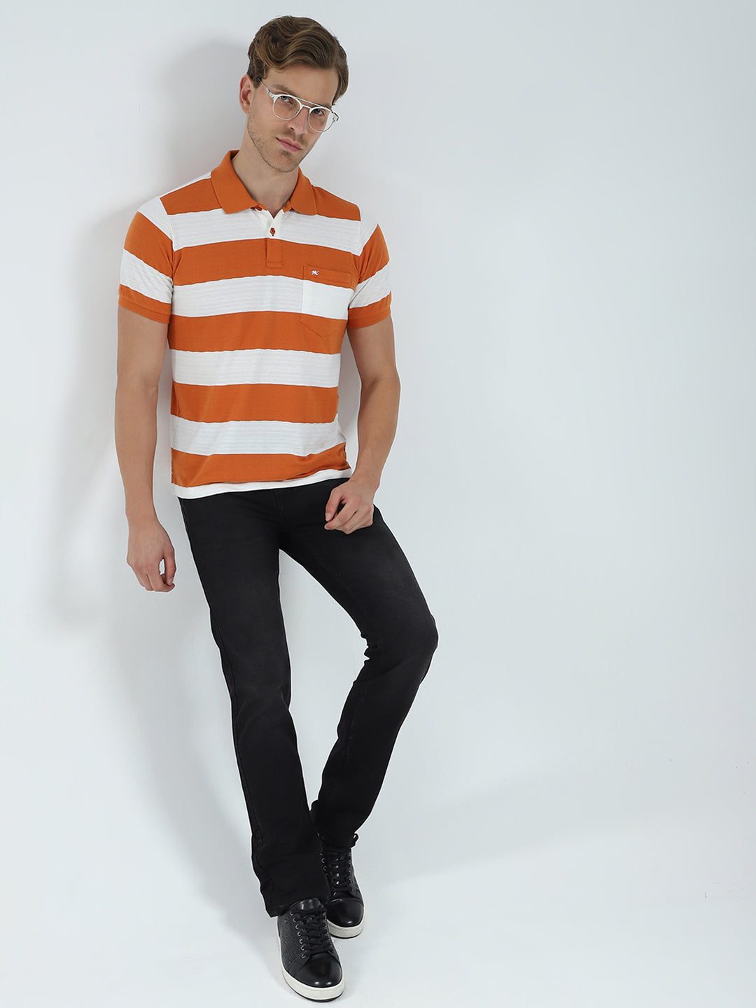 Men Rust Stripe Collar Half Sleeve T-Shirt