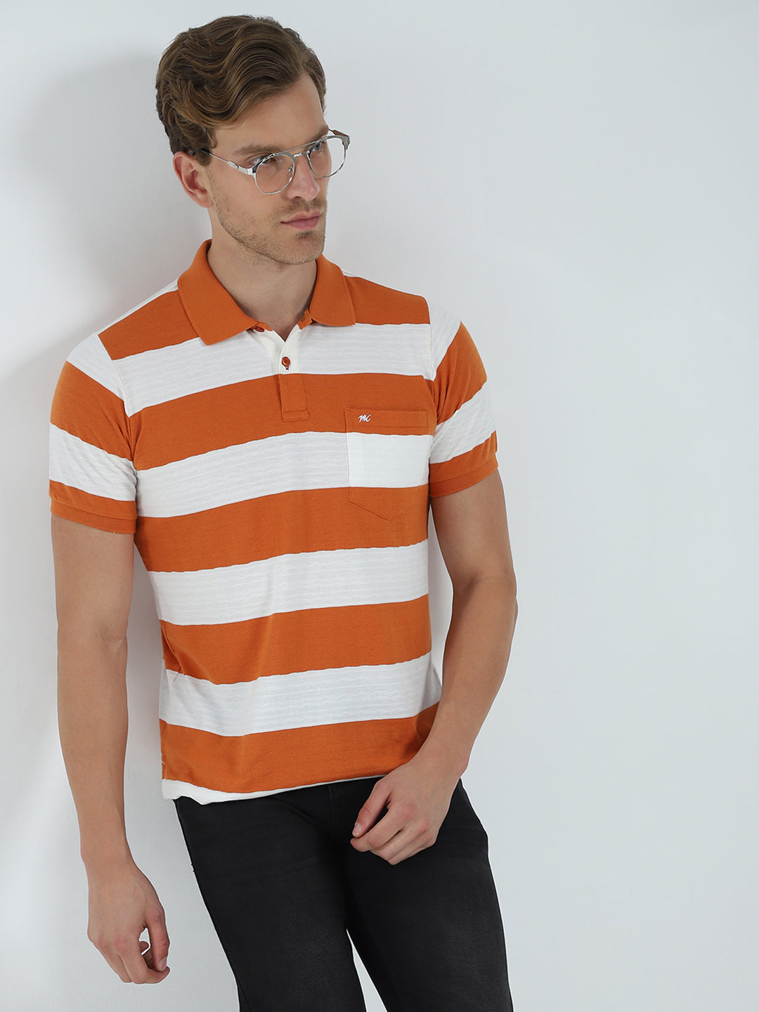 Men Rust Stripe Collar Half Sleeve T-Shirt