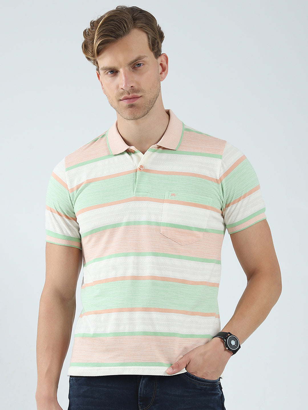 Men Green Stripe Collar Half Sleeve T-Shirt