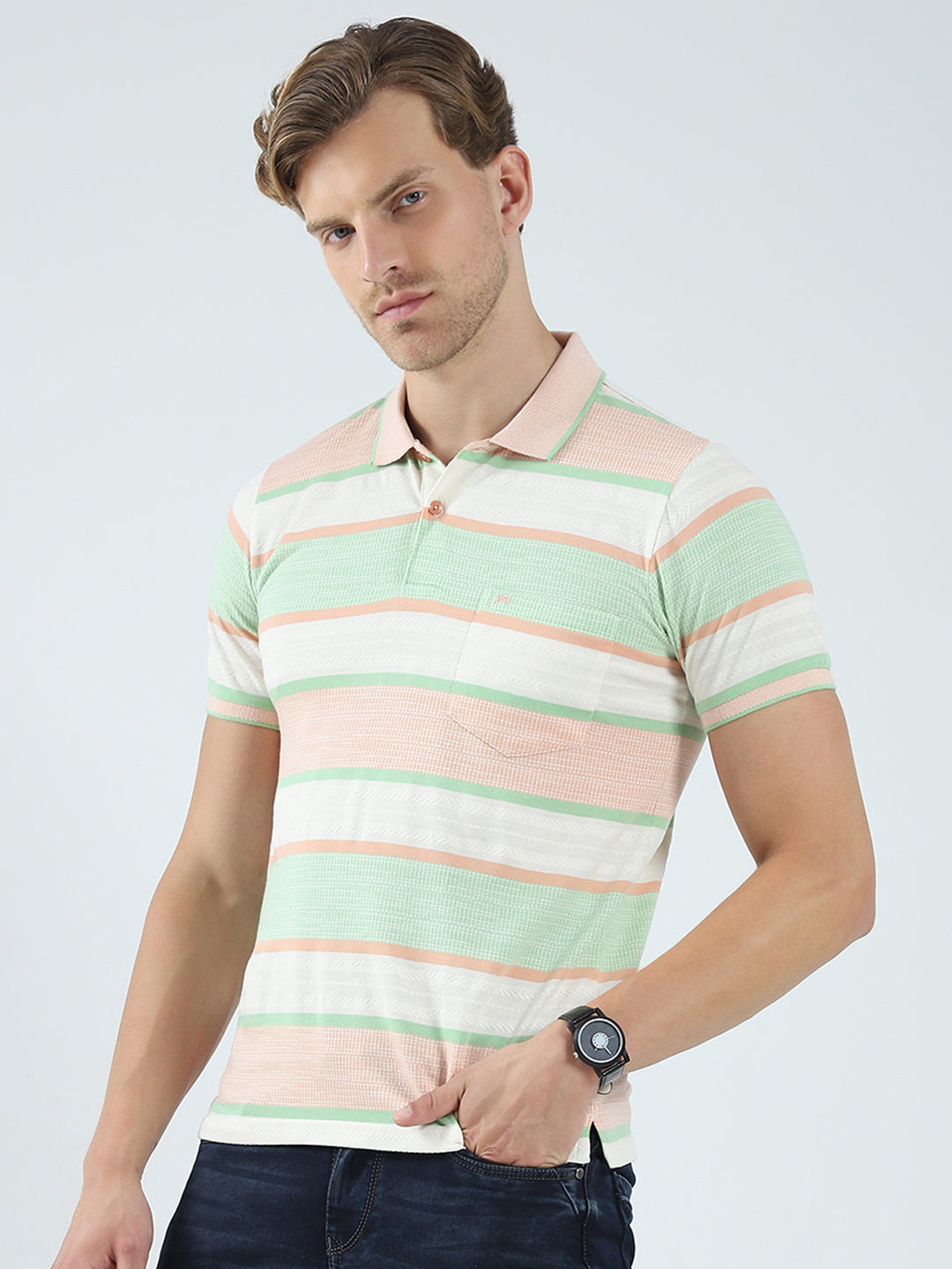 Men Green Stripe Collar Half Sleeve T-Shirt