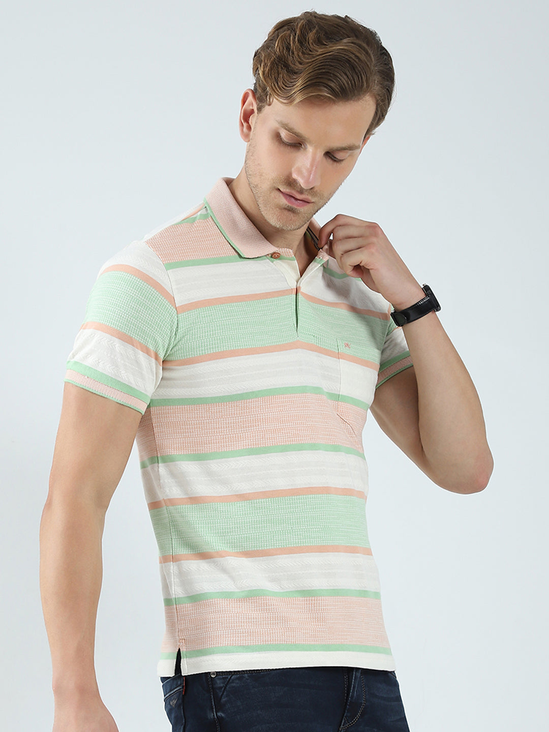 Men Green Stripe Collar Half Sleeve T-Shirt