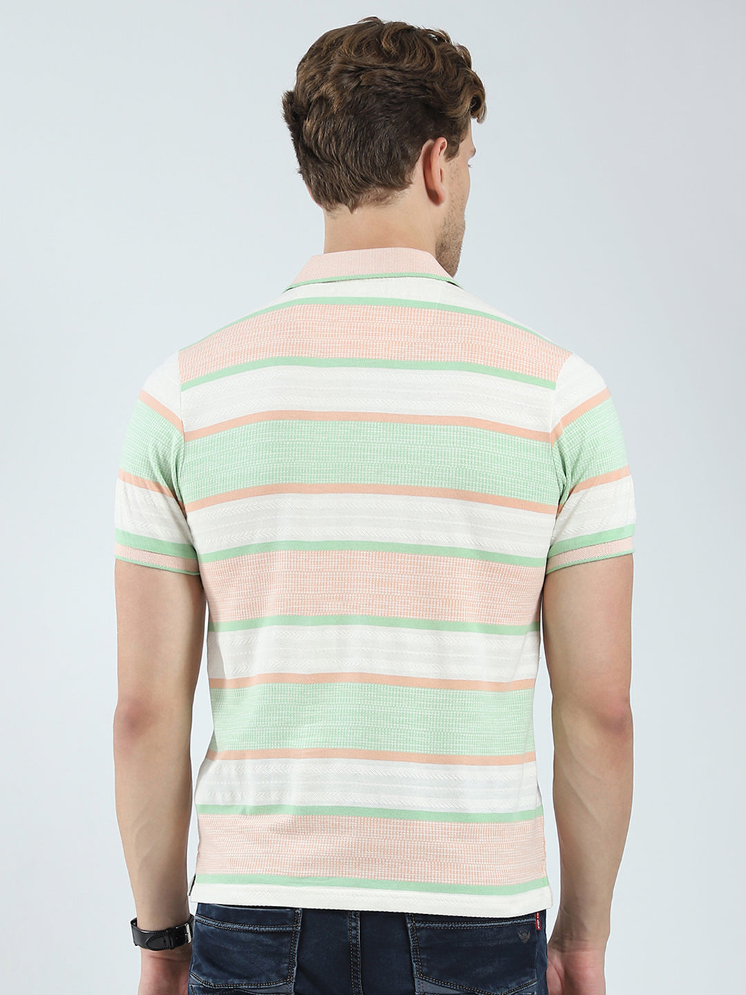 Men Green Stripe Collar Half Sleeve T-Shirt