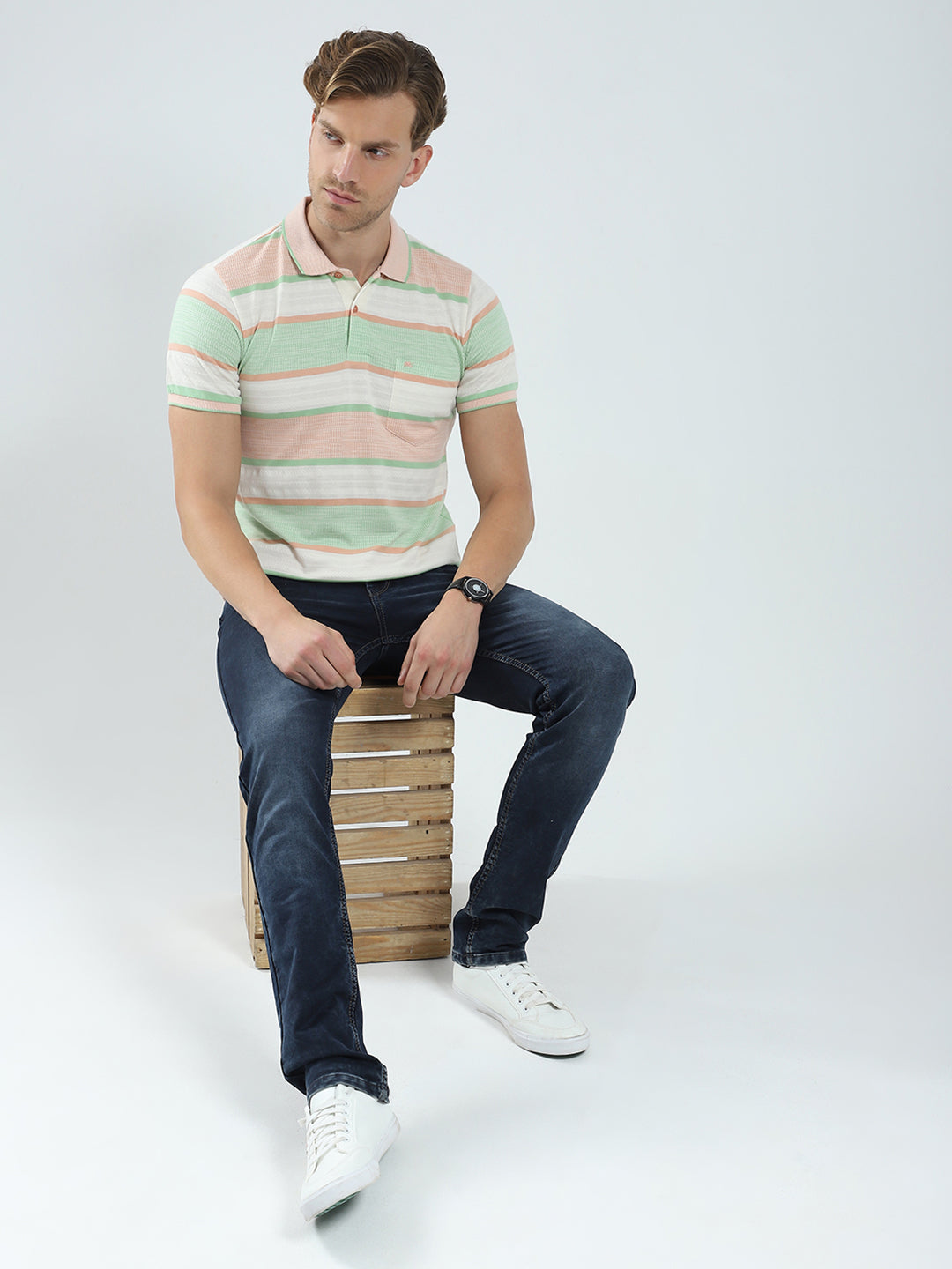 Men Green Stripe Collar Half Sleeve T-Shirt