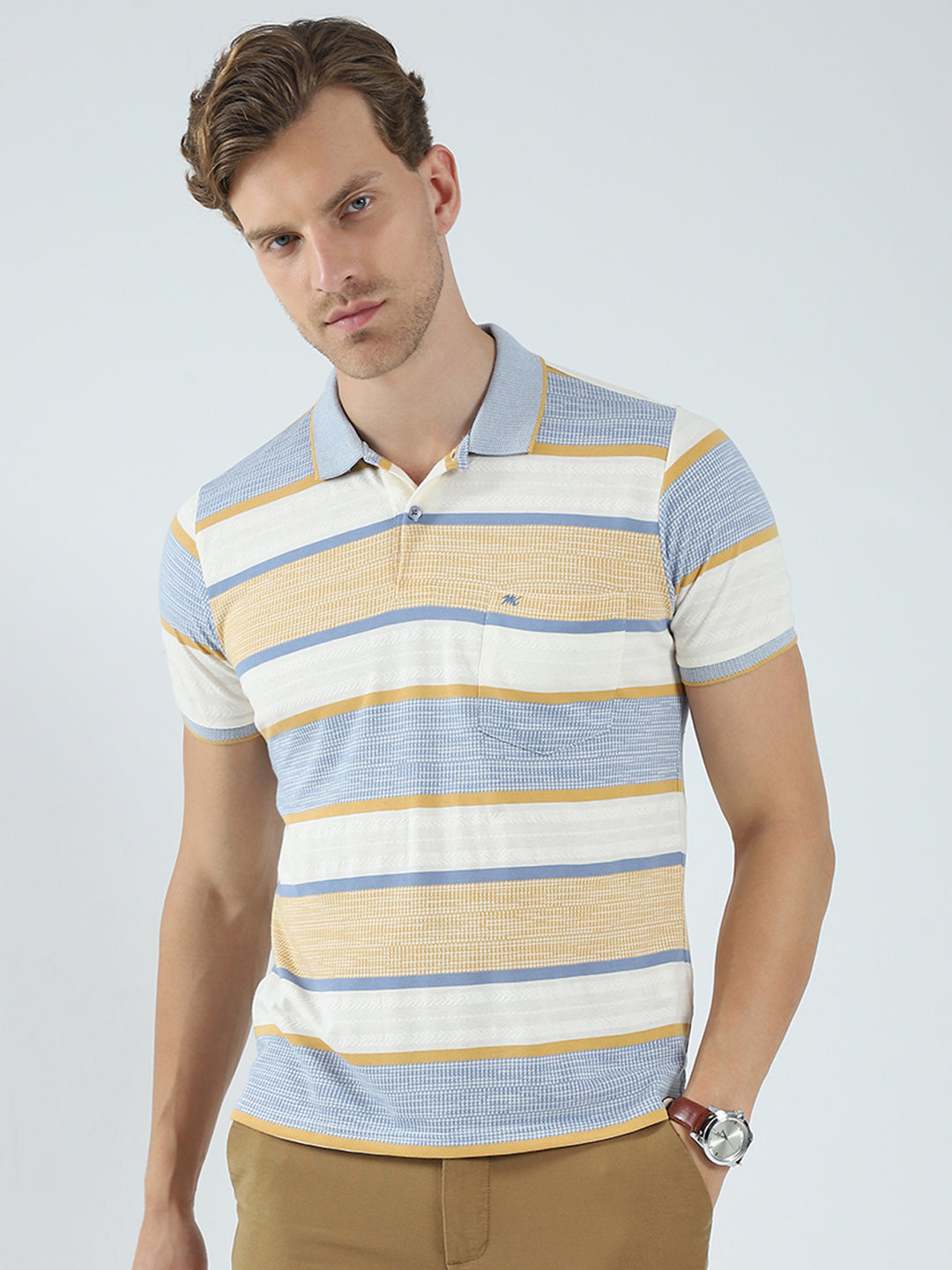 Men Beige Stripe Collar Half Sleeve T-Shirt
