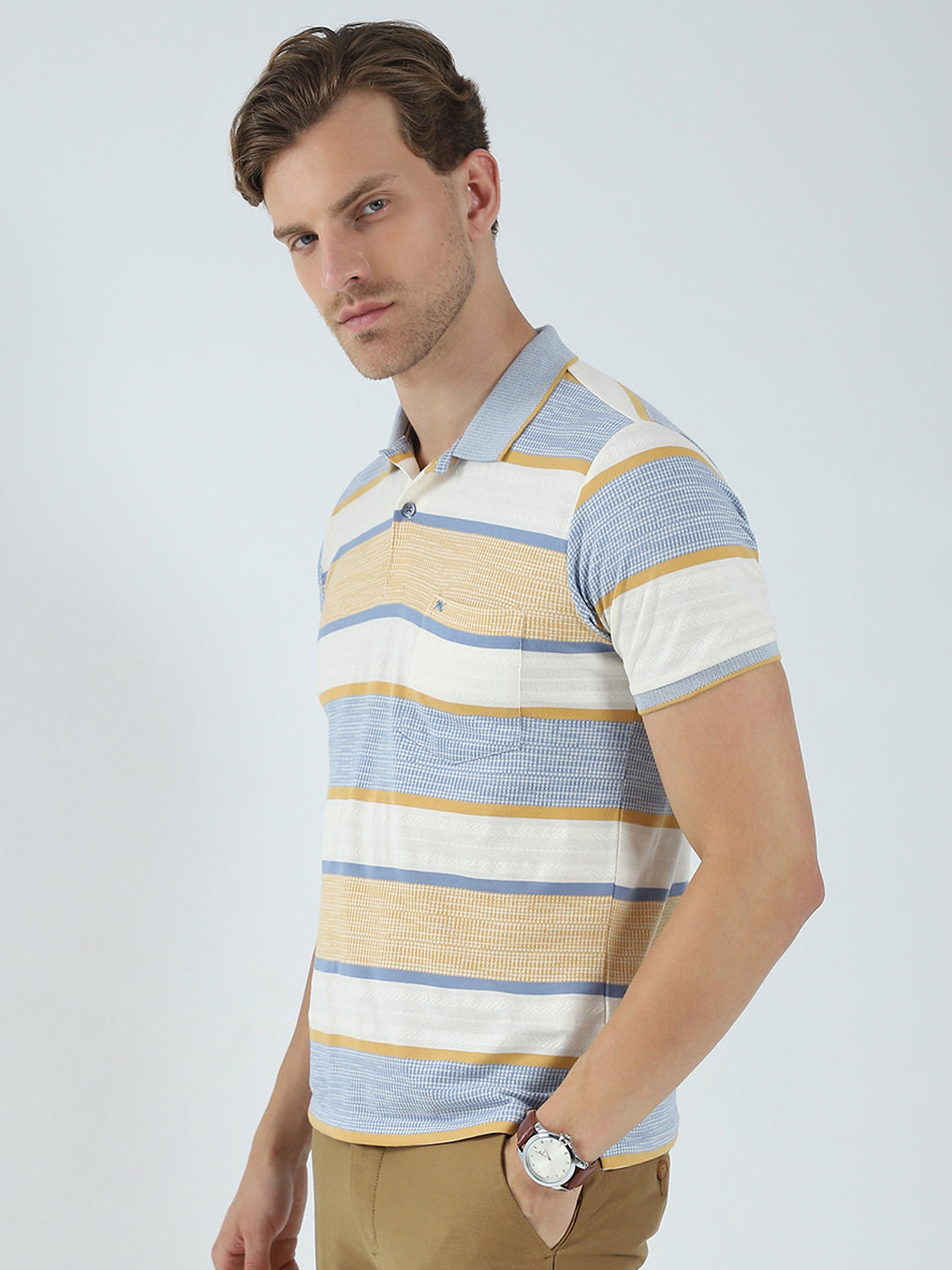Men Beige Stripe Collar Half Sleeve T-Shirt