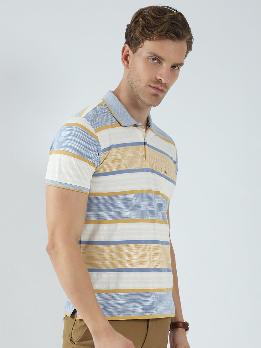 Men Beige Stripe Collar Half Sleeve T-Shirt
