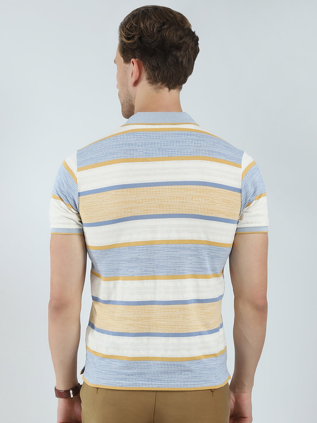 Men Beige Stripe Collar Half Sleeve T-Shirt