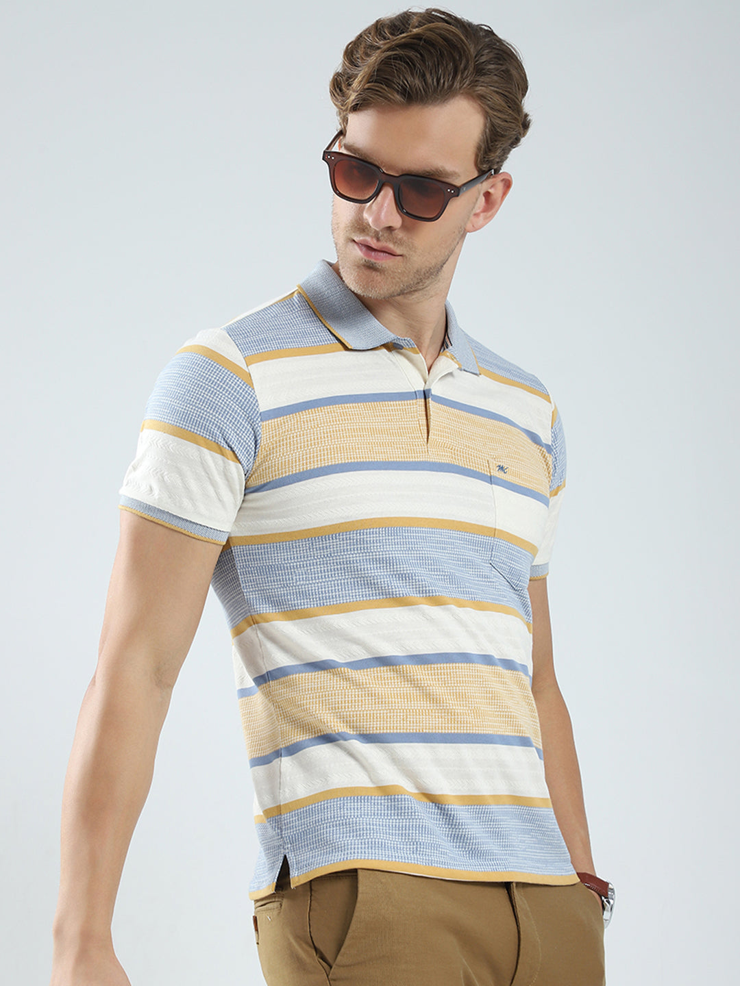Men Beige Stripe Collar Half Sleeve T-Shirt