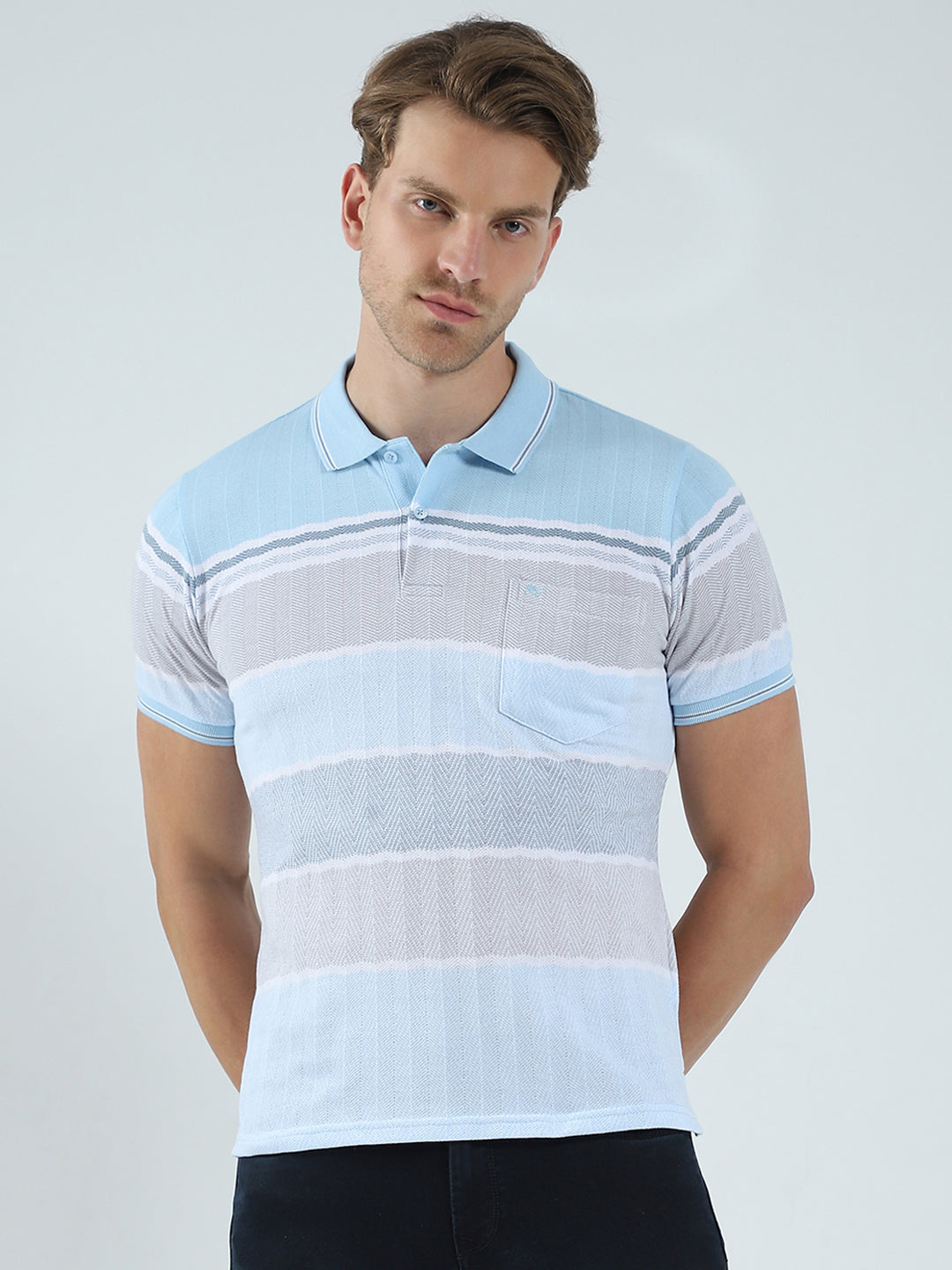 Men Blue Stripe Collar Half Sleeve T-Shirt