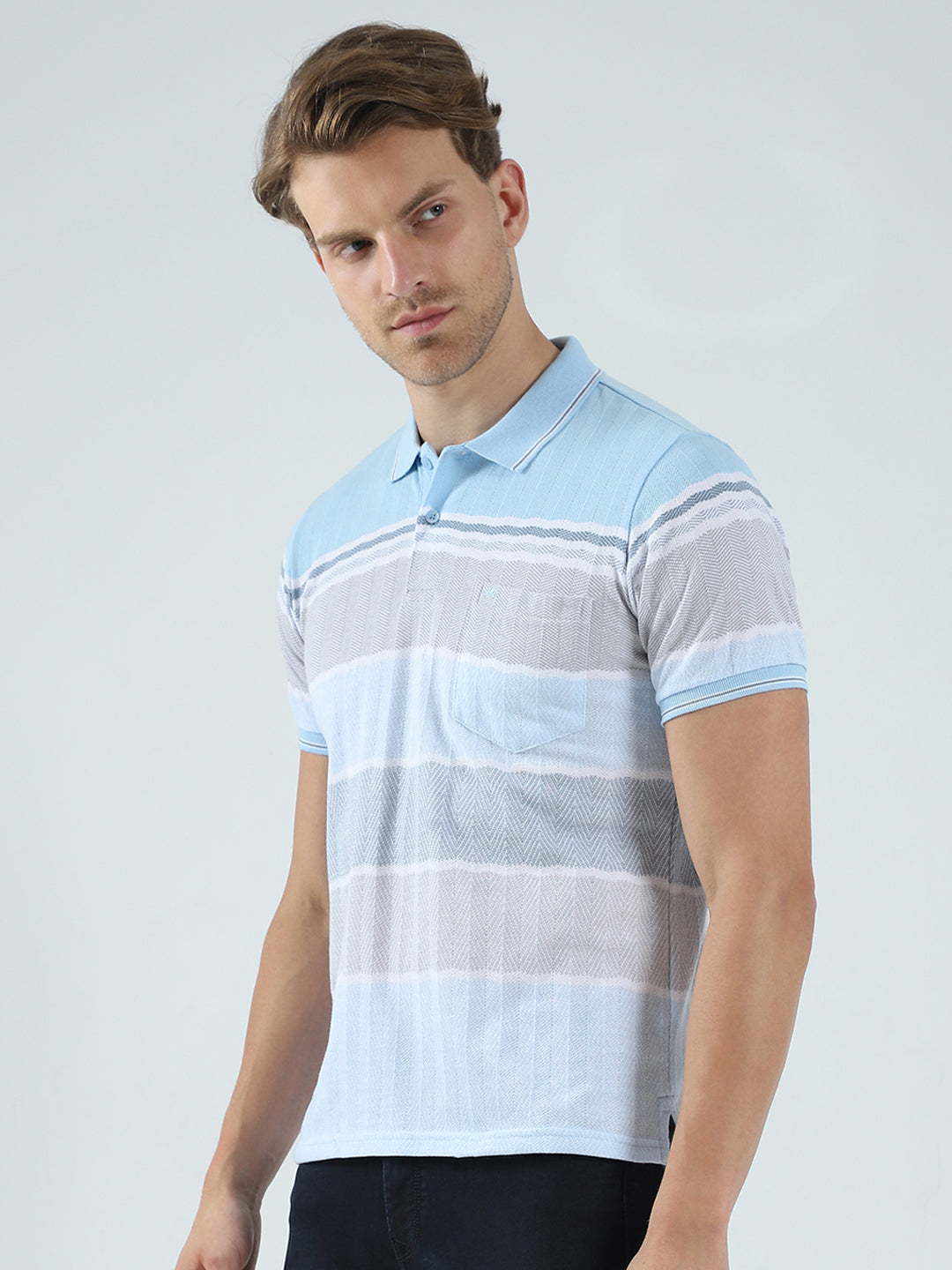 Men Blue Stripe Collar Half Sleeve T-Shirt
