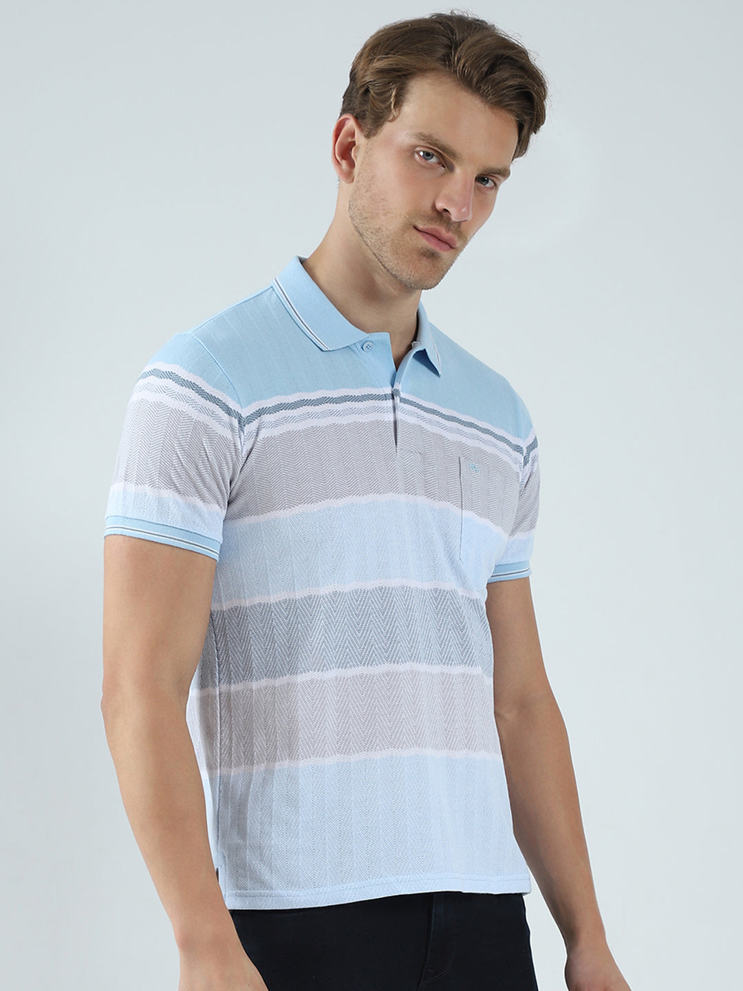 Men Blue Stripe Collar Half Sleeve T-Shirt