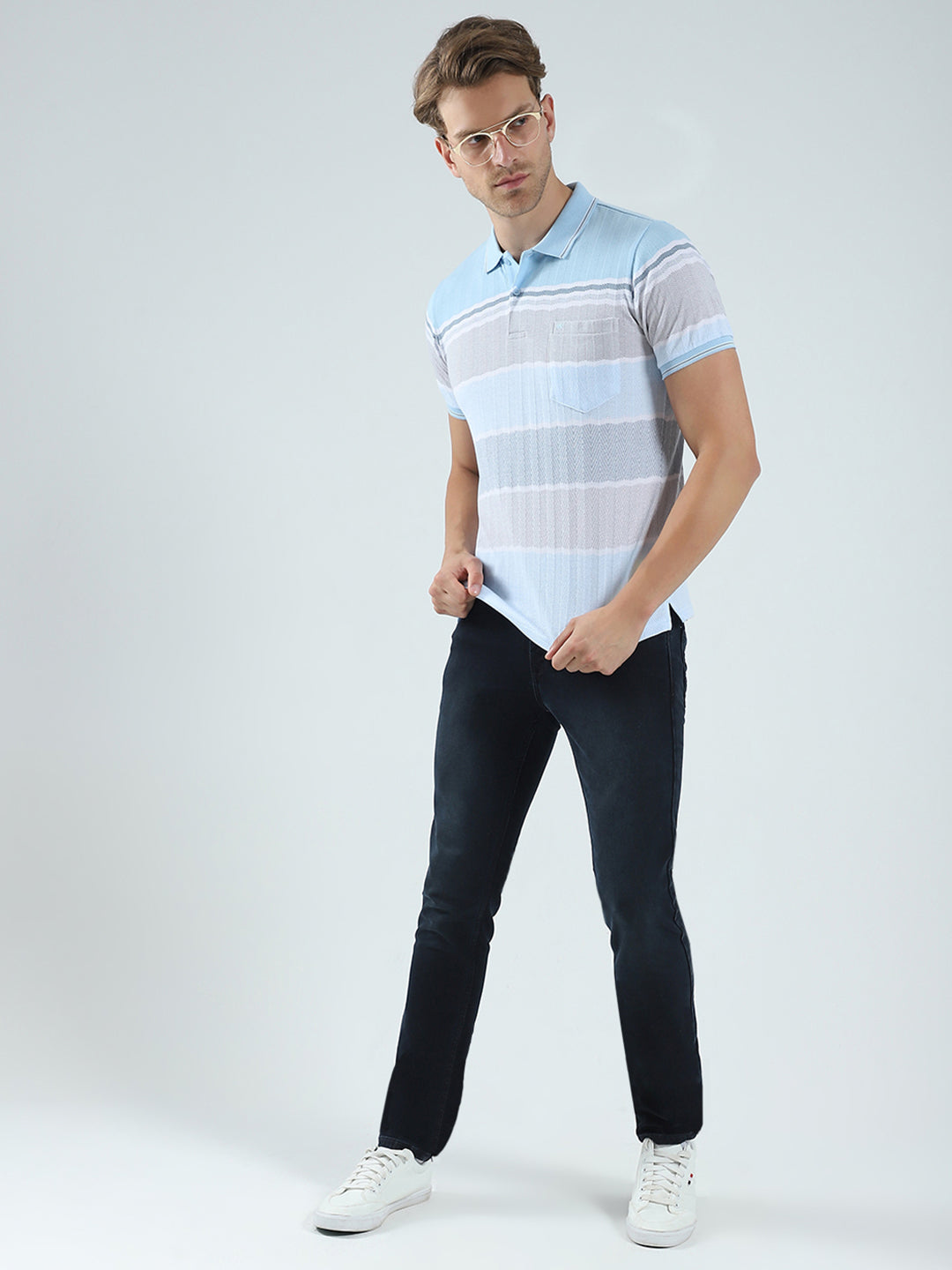 Men Blue Stripe Collar Half Sleeve T-Shirt