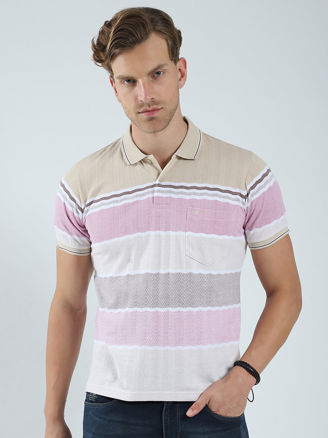 Men Beige Stripe Collar Half Sleeve T-Shirt
