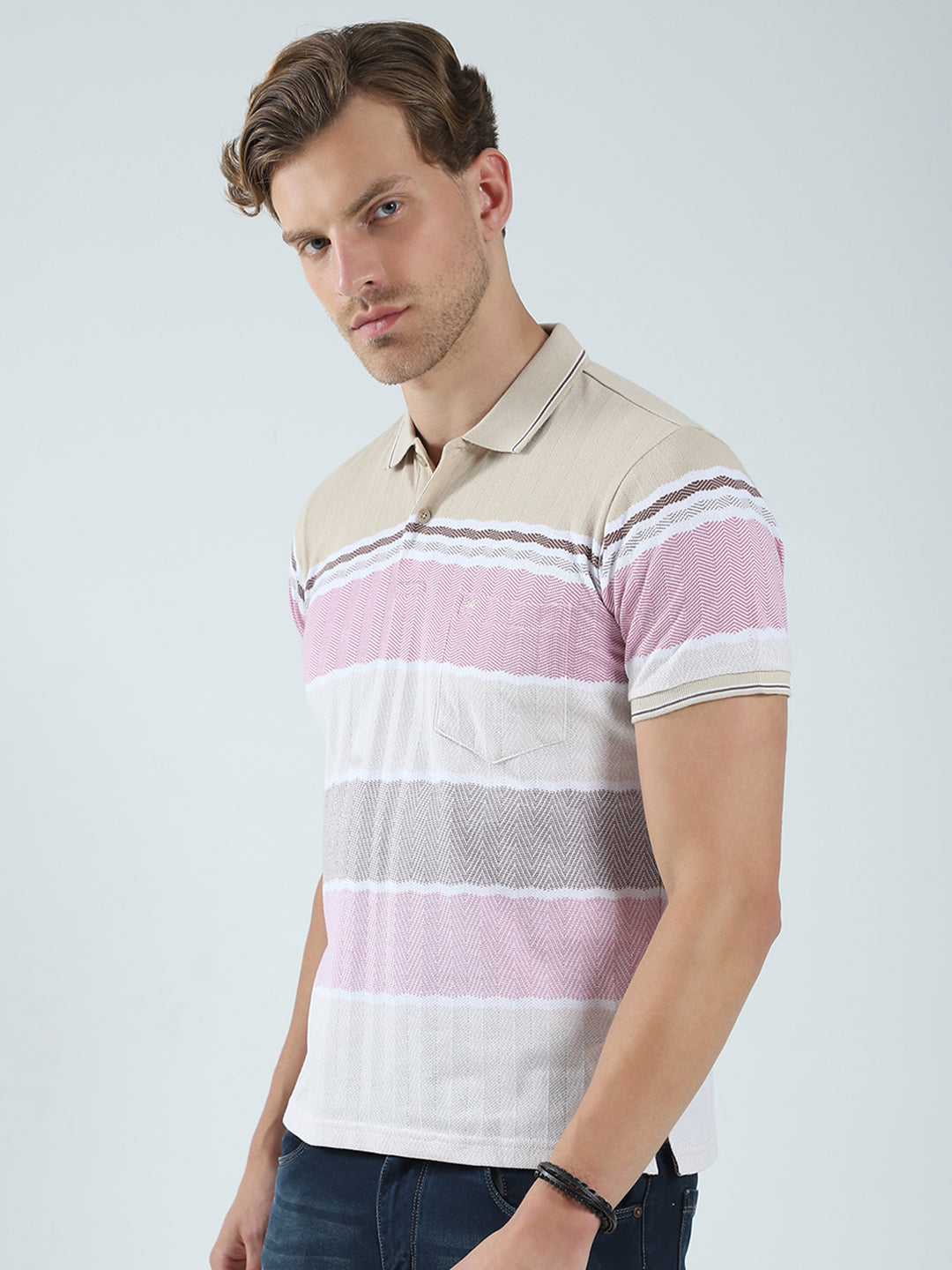 Men Beige Stripe Collar Half Sleeve T-Shirt