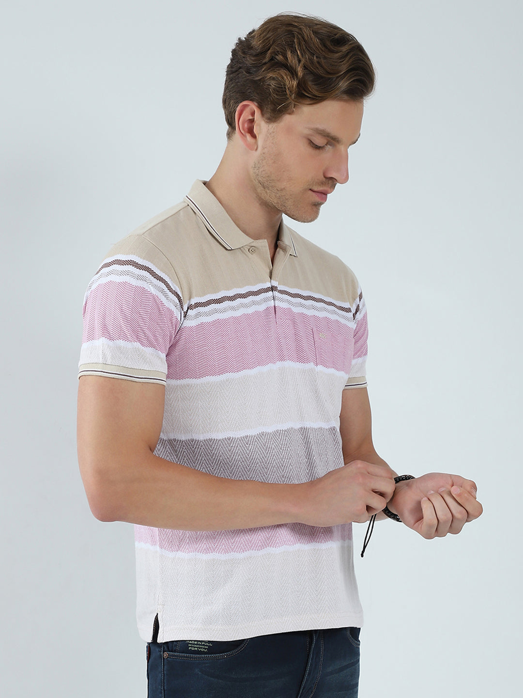 Men Beige Stripe Collar Half Sleeve T-Shirt