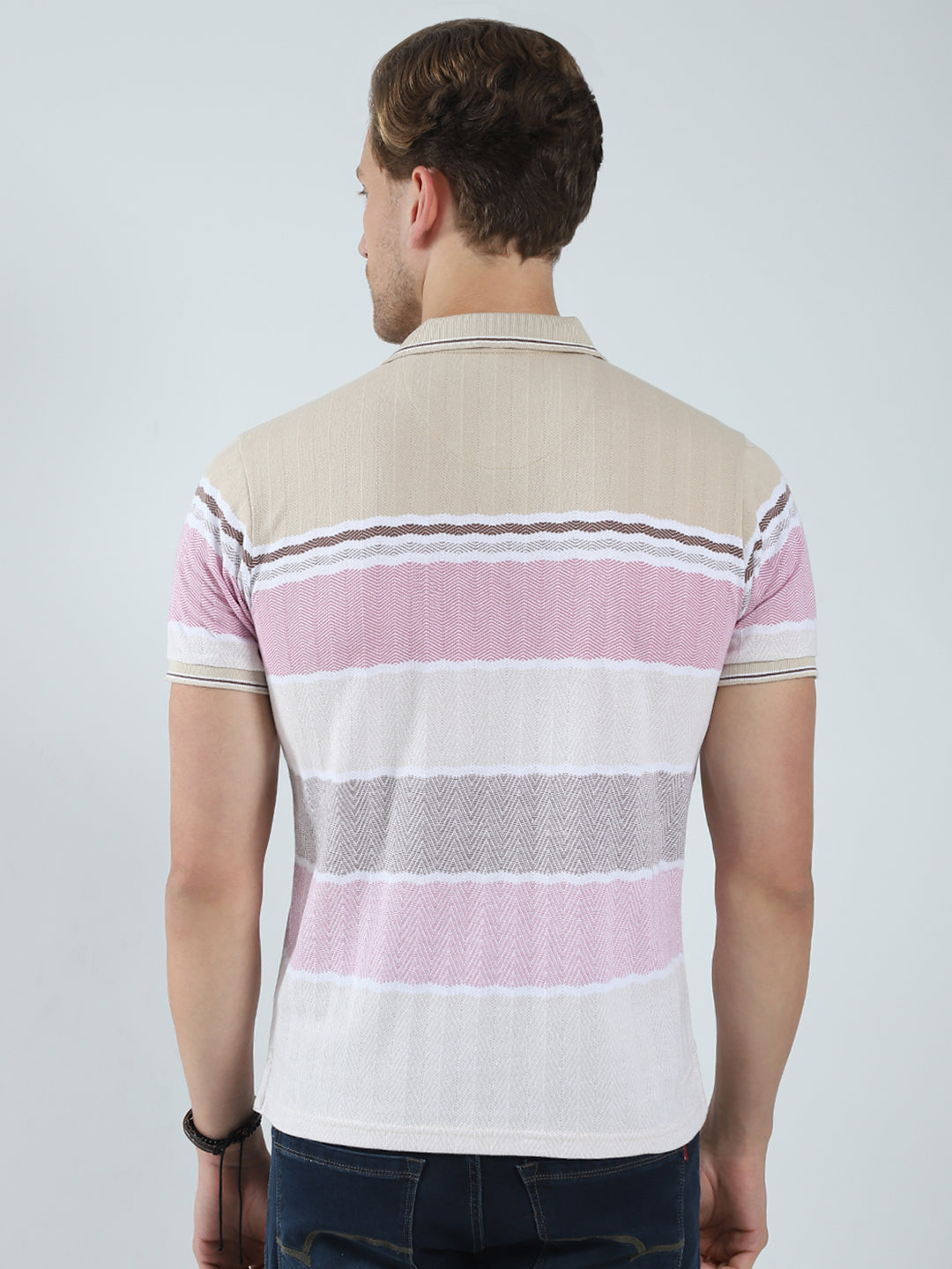 Men Beige Stripe Collar Half Sleeve T-Shirt