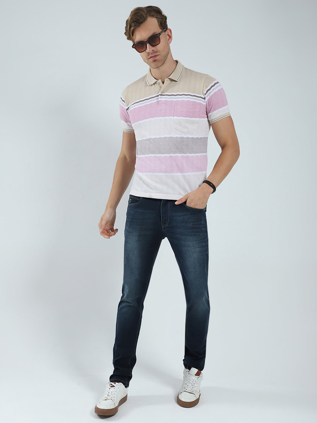 Men Beige Stripe Collar Half Sleeve T-Shirt