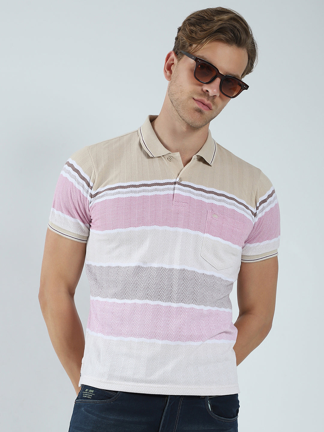 Men Beige Stripe Collar Half Sleeve T-Shirt