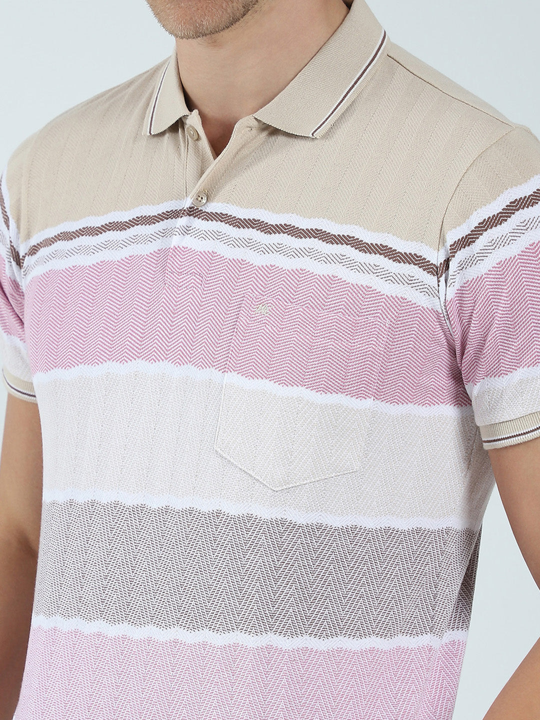 Men Beige Stripe Collar Half Sleeve T-Shirt