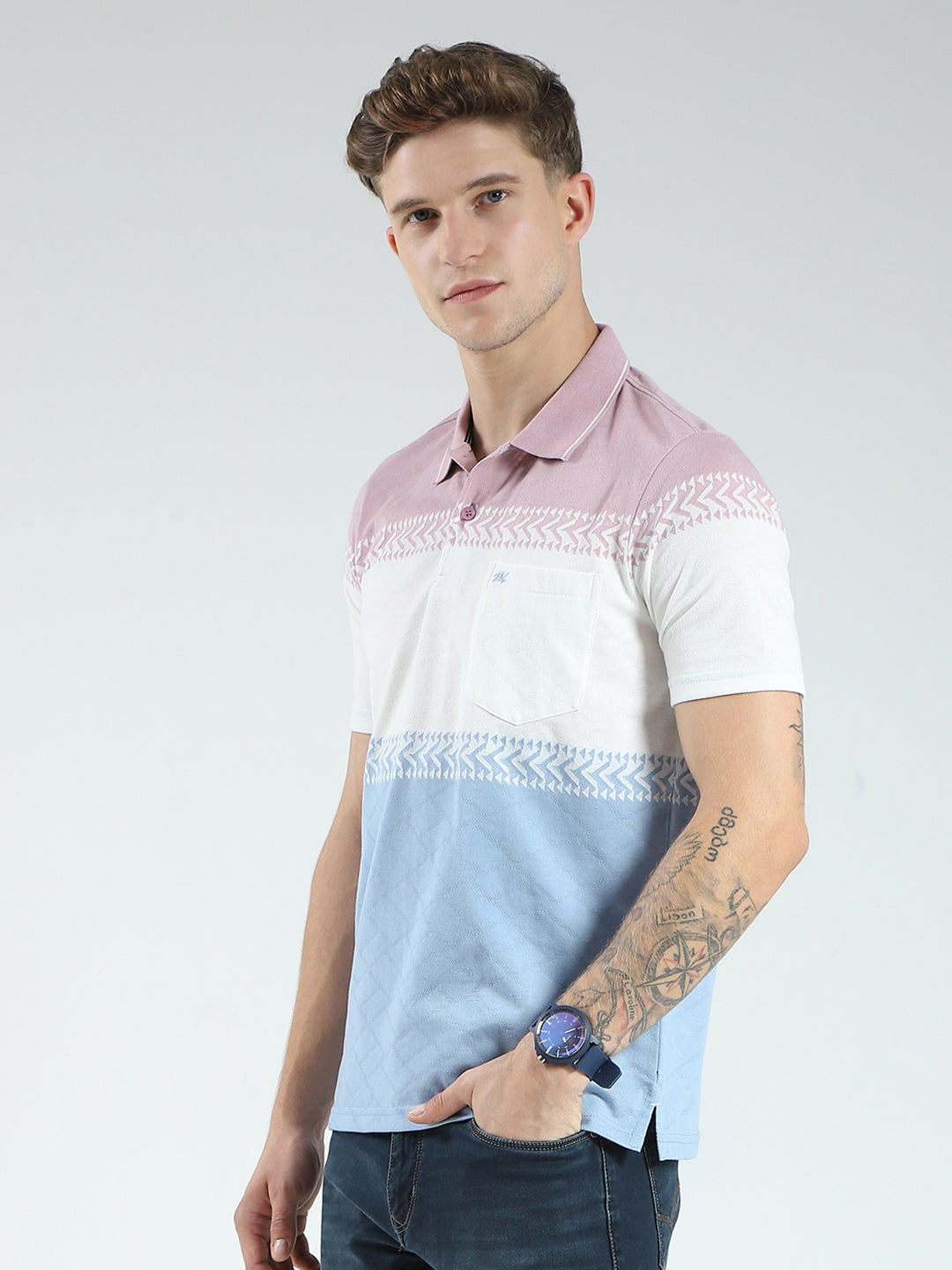 Men Blue Stripe Collar Half Sleeve T-Shirt