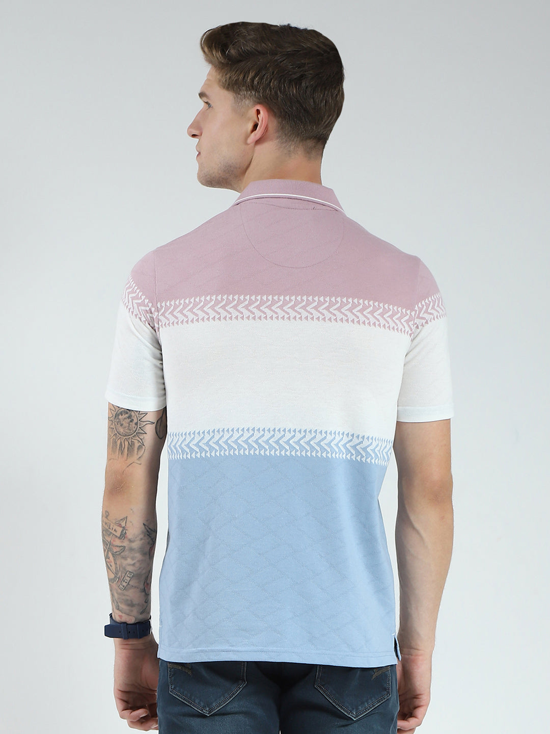 Men Blue Stripe Collar Half Sleeve T-Shirt