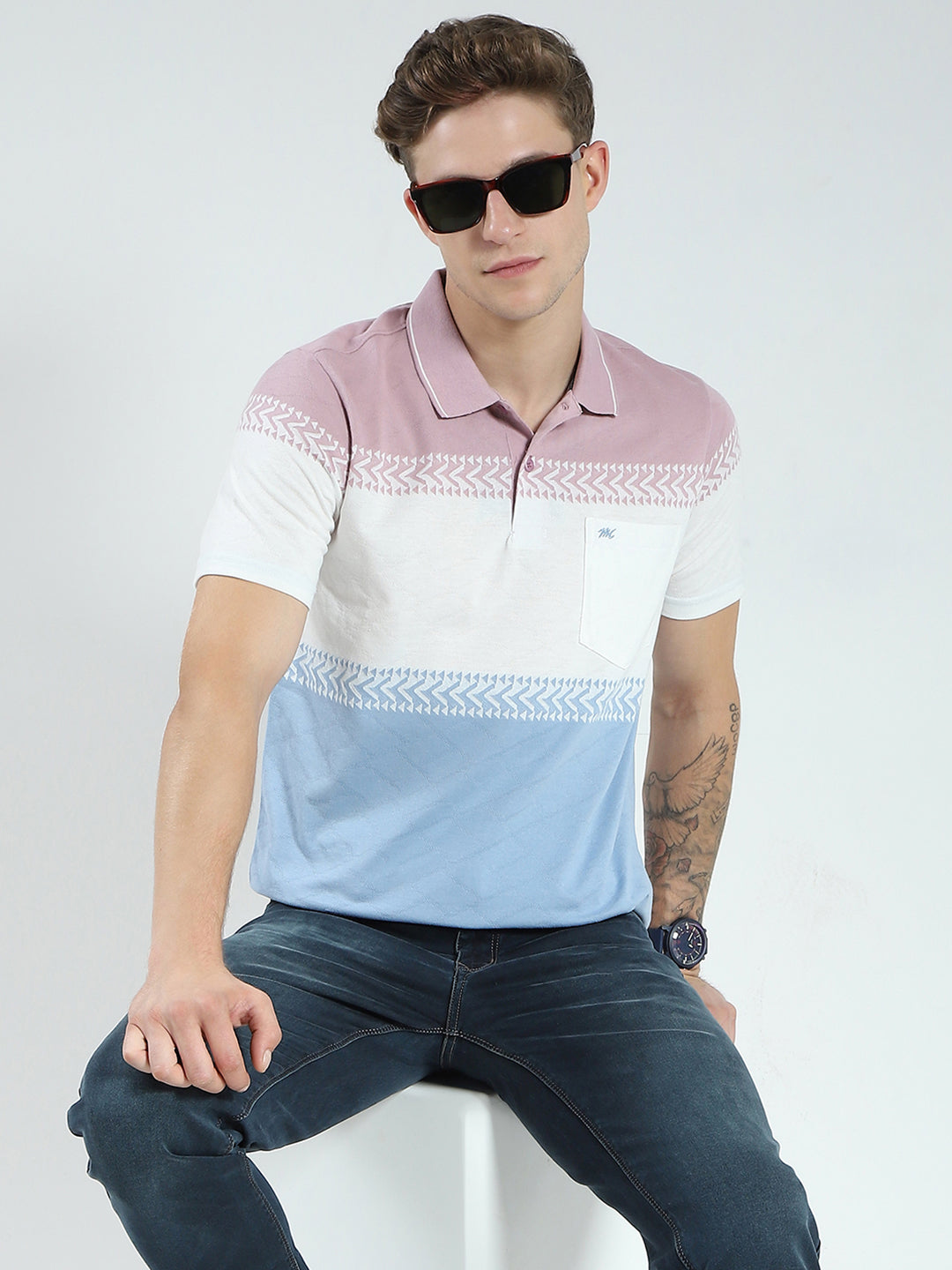 Men Blue Stripe Collar Half Sleeve T-Shirt